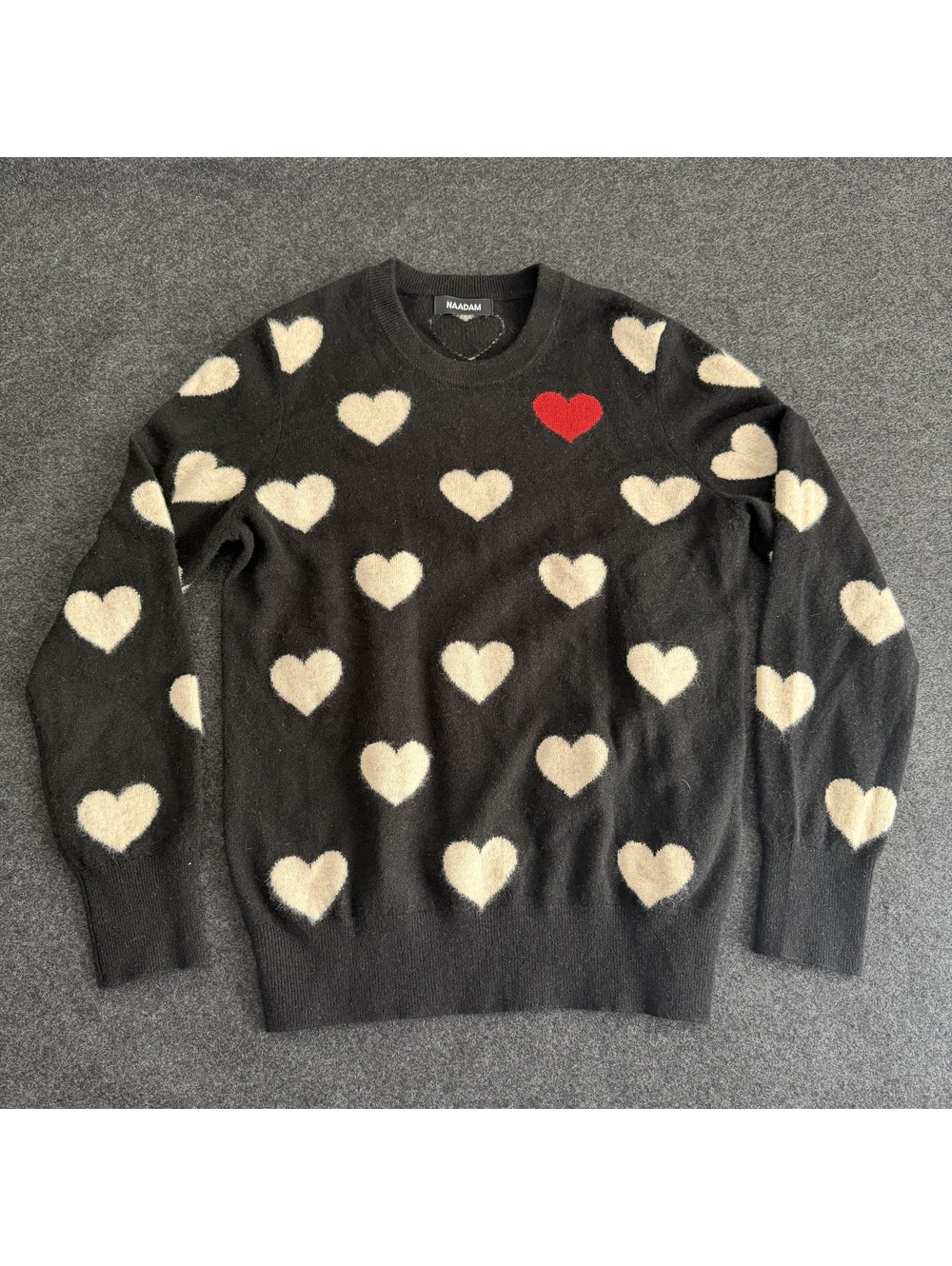 Naadam 100% Cashmere Black Knit Sweater w/ Cream Hearts & Red Accent Heart
